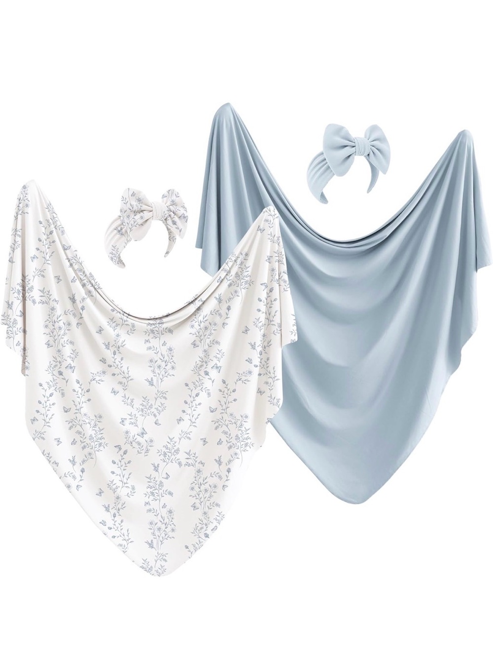 Baby Blue Floral & Solid Swaddle Set with Matching Headbands